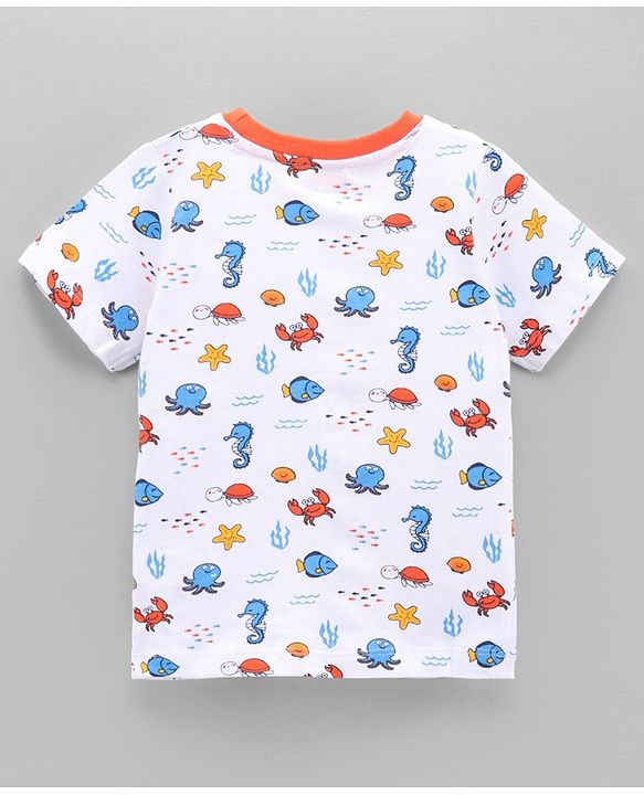 Babyhug Half Sleeves Tees Sea Animals Print Pack of 3 - Orange Sky Blue White