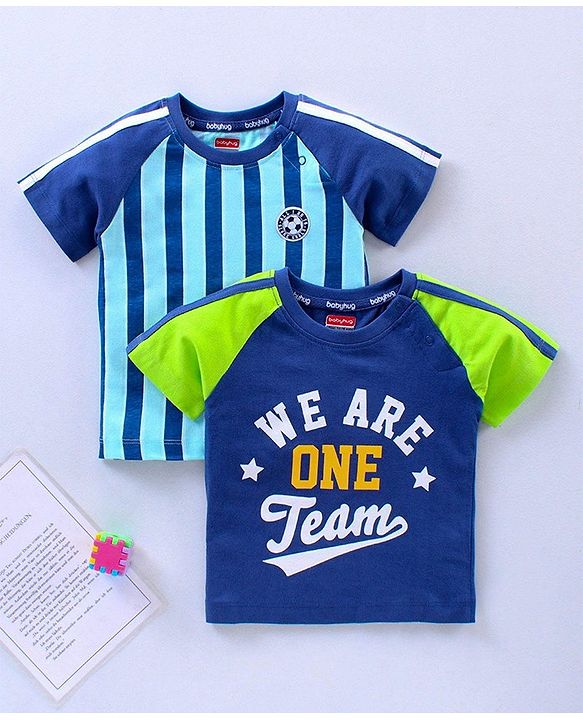 Babyhug Half Sleeves T-Shirts Text & Stripes Print Set of 2 - Blue