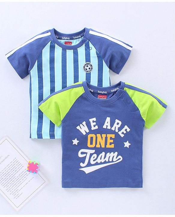 Babyhug Half Sleeves T-Shirts Text & Stripes Print Set of 2 - Blue
