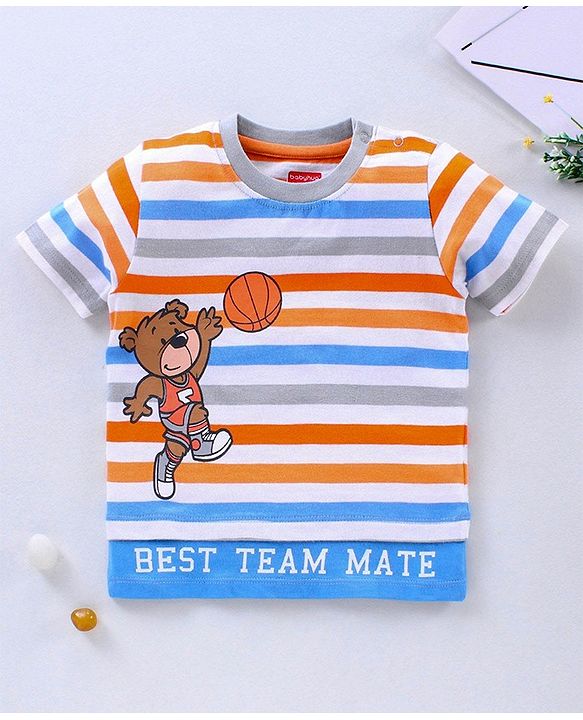 Babyhug Half Sleeves T-Shirt Bear & Stripes Print - Multicolour