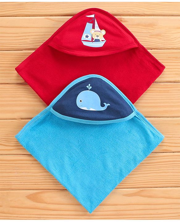 Babyhug Knit Terry Towel Solid Pack Of 2 - Blue and Red