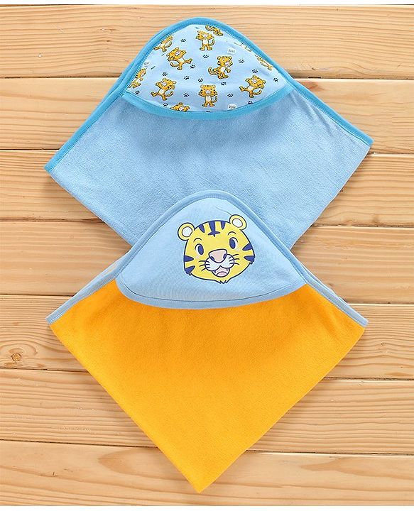 Babyhug Cotton Hooded Towels Tiger Print Pack of 2 - Yellow and Blue