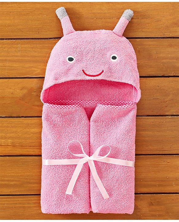 Babyhug Cotton Hooded Towel Animal Patch - Pink
