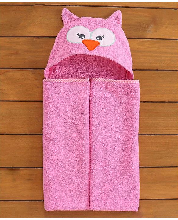 Babyhug Woven Terry Hooded Towel Owl Print - Pink