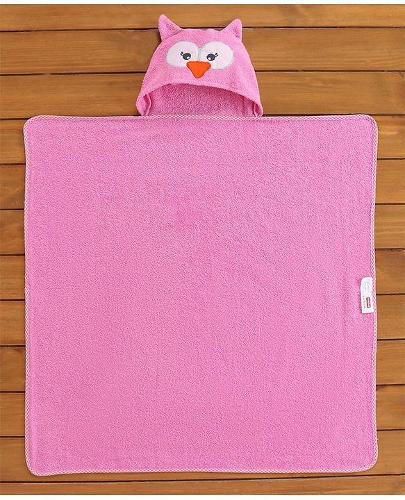 Babyhug Woven Terry Hooded Towel Owl Print - Pink
