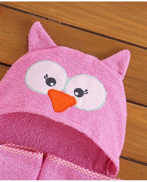 Babyhug Woven Terry Hooded Towel Owl Print - Pink