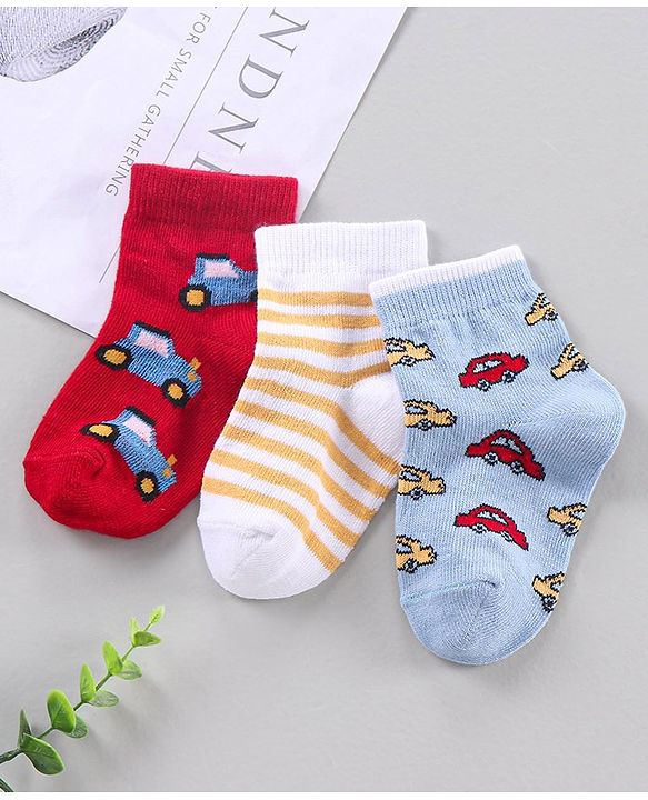 Cute Walk by Babyhug Ankle Length Antibacterial Socks Stripe And Car Design Pack Of 3 - Blue Red Yellow