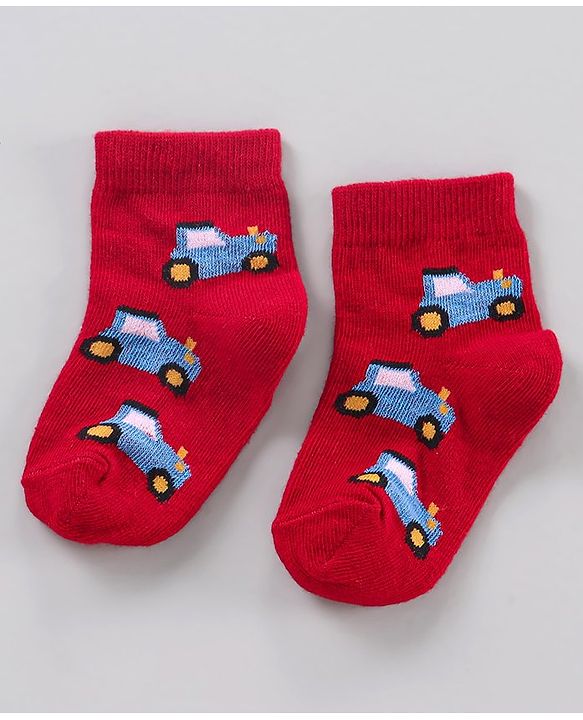Cute Walk by Babyhug Ankle Length Antibacterial Socks Stripe And Car Design Pack Of 3 - Blue Red Yellow