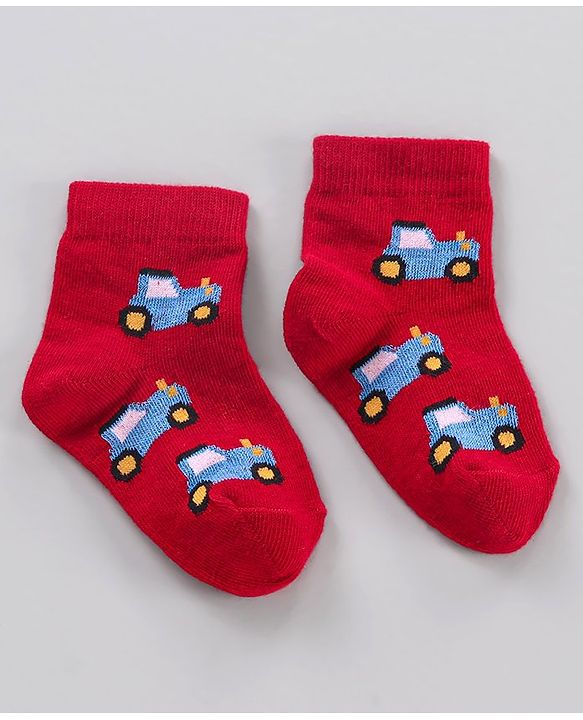 Cute Walk by Babyhug Ankle Length Antibacterial Socks Stripe And Car Design Pack Of 3 - Blue Red Yellow