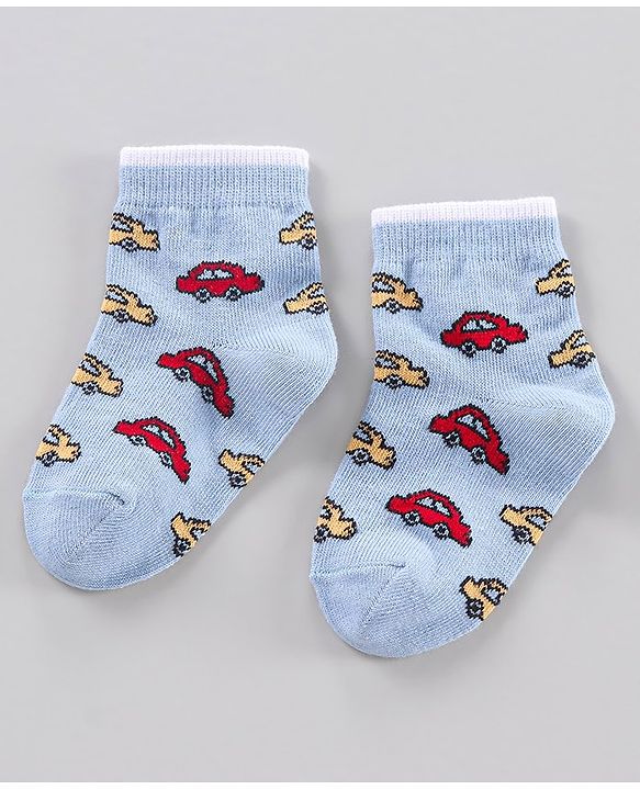 Cute Walk by Babyhug Ankle Length Antibacterial Socks Stripe And Car Design Pack Of 3 - Blue Red Yellow