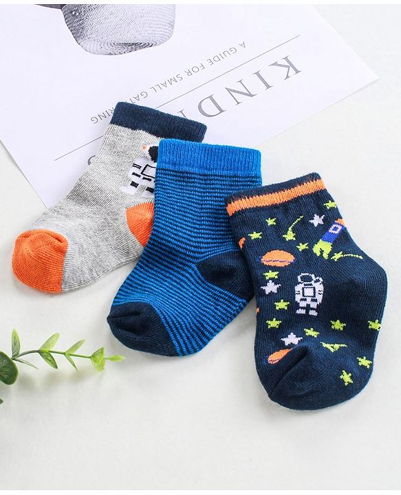 Cutewalk by Babyhug Anti-Bacterial Ankle Length Socks Pack of 3 - Navy Blue Grey