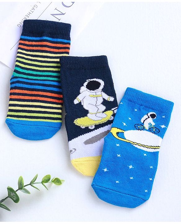 Cute Walk by Babyhug Ankle Length Anti Bacterial Socks Space Design Pack of 3 - Blue White