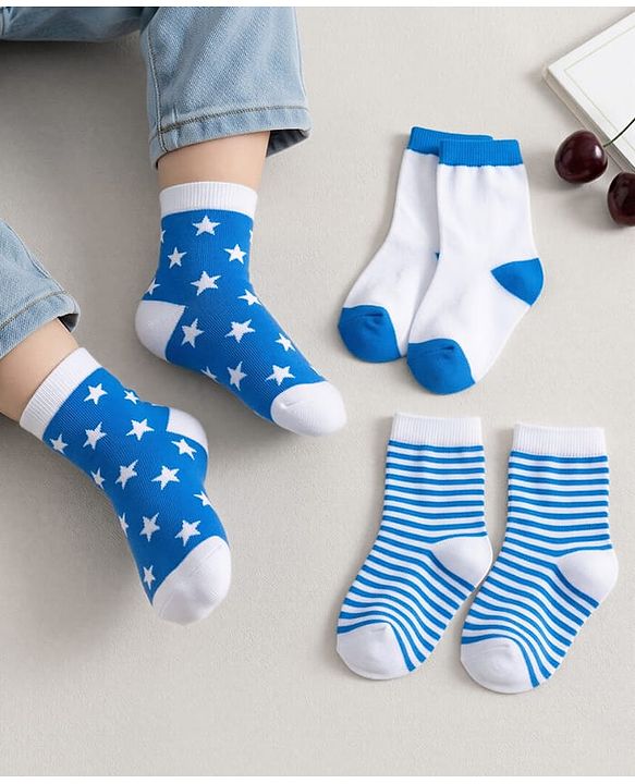 Cute Walk by Babyhug Mid Calf Length Anti Bacterial Socks Star Design Pack of 3 - Blue White