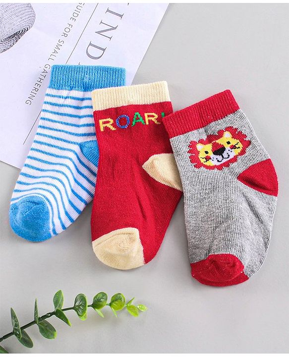Cute Walk by Babyhug Ankle Length Anti-Bacterial Striped Socks Lion Design Pack of 3 - Blue Red Grey