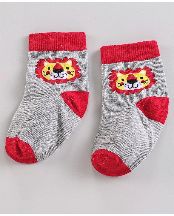 Cute Walk by Babyhug Ankle Length Anti-Bacterial Striped Socks Lion Design Pack of 3 - Blue Red Grey