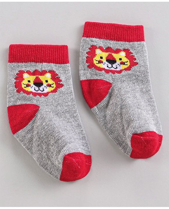 Cute Walk by Babyhug Ankle Length Anti-Bacterial Striped Socks Lion Design Pack of 3 - Blue Red Grey