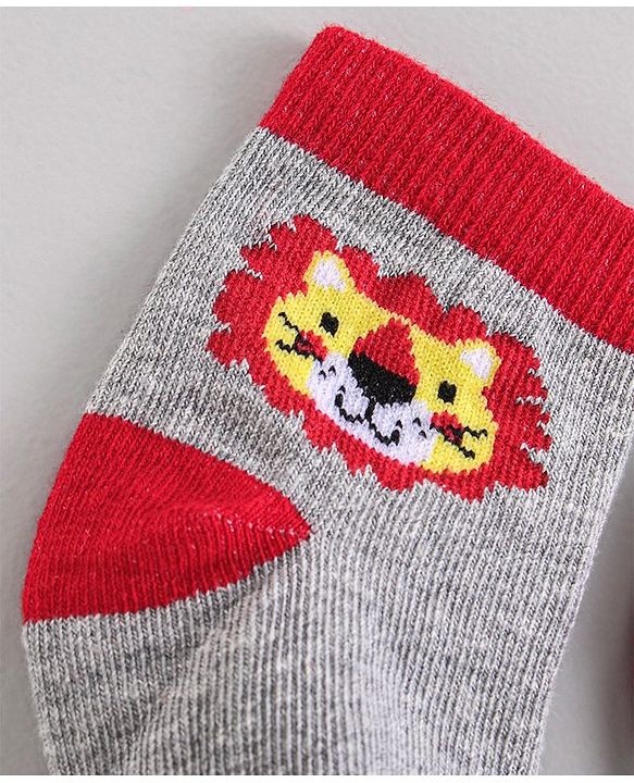 Cute Walk by Babyhug Ankle Length Anti-Bacterial Striped Socks Lion Design Pack of 3 - Blue Red Grey