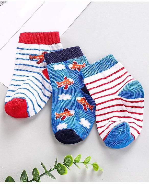 Cute Walk by Babyhug Ankle Length Anti Bacterial Socks Stripes Print Pack of 3- Blue & Red
