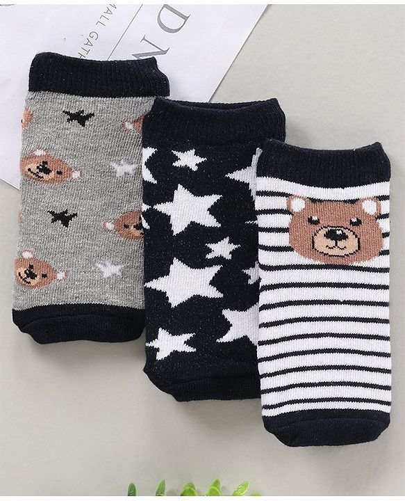 Cute Walk by Babyhug Ankle Length Antibacterial Socks Bear Stripe And Star Design Pack Of 3 - Black White Brown