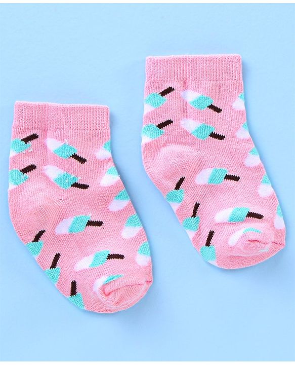 Cutewalk by Babyhug Anti-bacterial Ankle Length Socks Pack of 5 Ice Cream Design - Pink Black