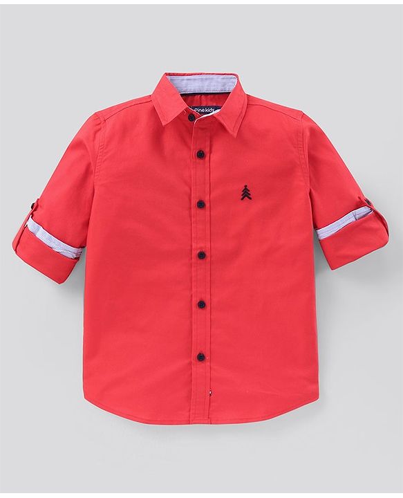 Pine Kids Full Sleeves Solid Shirt Softener Wash - Red
