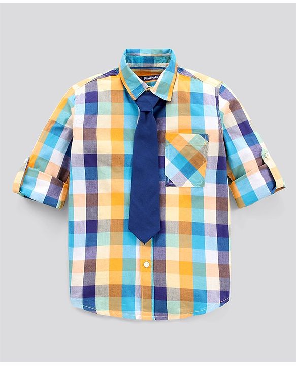 Pine Kids Full Sleeves Check Shirt With Tie Softner Wash - Multicolor