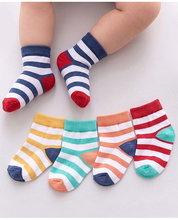 Cutewalk by Babyhug Anti-bacterial Ankle Length Terry Socks Pack of 5 Striped - Yellow Blue Orange Navy Red