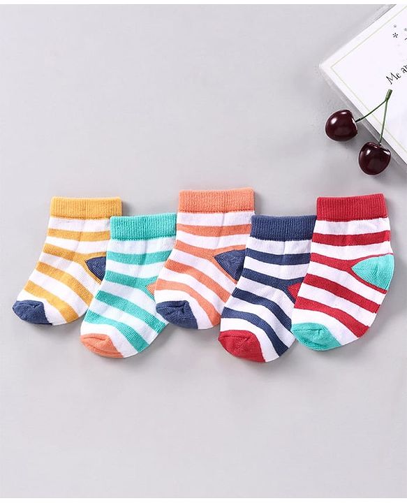 Cutewalk by Babyhug Anti-bacterial Ankle Length Terry Socks Pack of 5 Striped - Yellow Blue Orange Navy Red