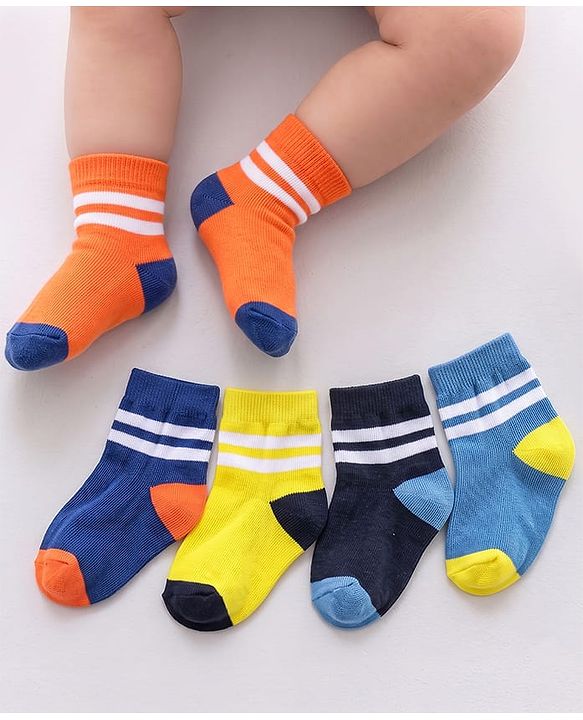 Cute Walk by Babyhug Ankle Length Anti Bacterial Striped Socks Pack of 5 - Blue Yellow Orange