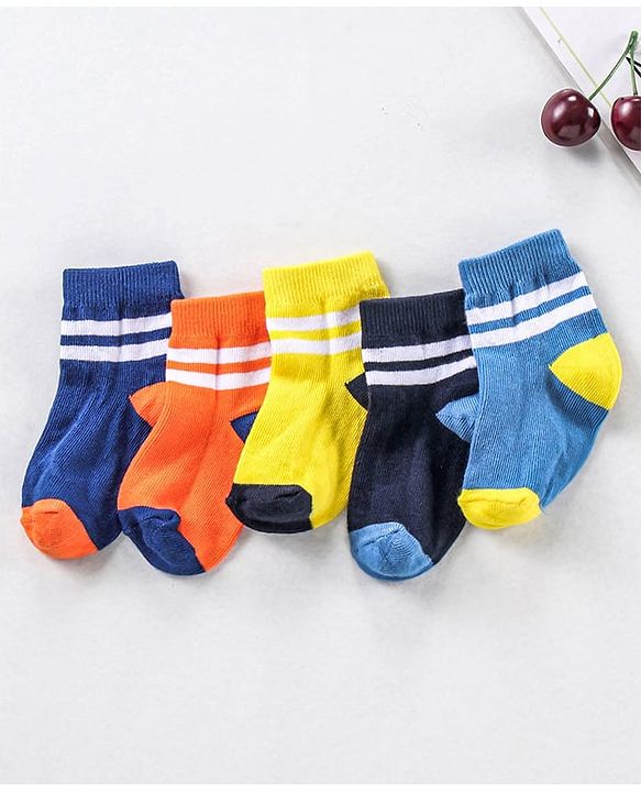 Cute Walk by Babyhug Ankle Length Anti Bacterial Striped Socks Pack of 5 - Blue Yellow Orange