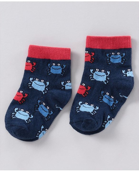 Cutewalk by Babyhug Anti-bacterial Ankle Length Terry Socks Pack of 5 Crab Design - Blue Navy White