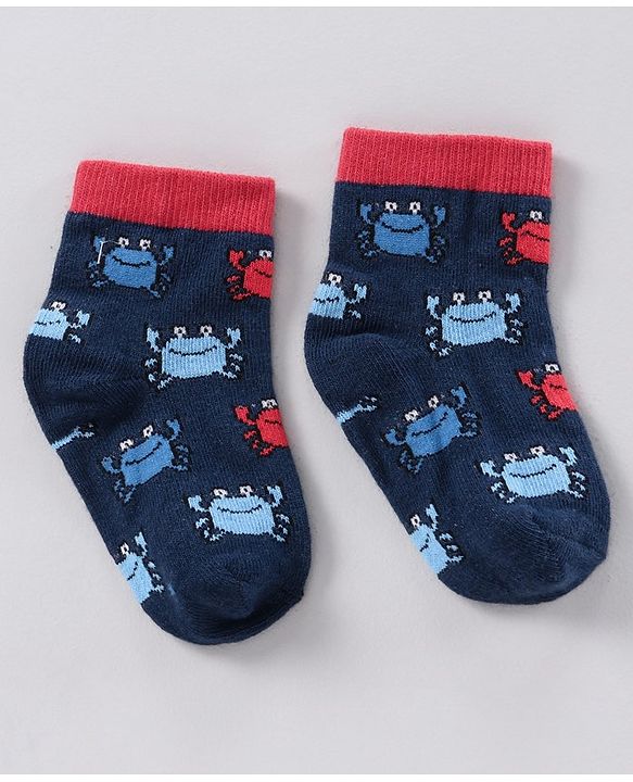 Cutewalk by Babyhug Anti-bacterial Ankle Length Terry Socks Pack of 5 Crab Design - Blue Navy White