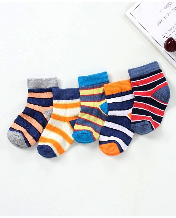 Cute Walk by Babyhug Ankle Length Antibacterial Cotton Socks Stripe Design Pack Of 5 - Blue Grey Red Orange