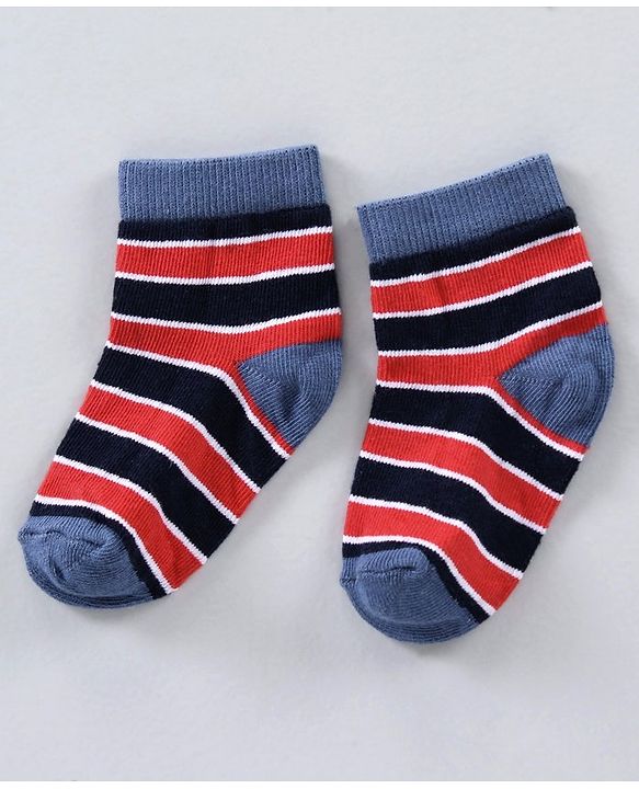 Cute Walk by Babyhug Ankle Length Antibacterial Cotton Socks Stripe Design Pack Of 5 - Blue Grey Red Orange