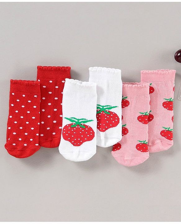 Cute Walk by Babyhug Cotton Blend Ankle Length Anti Bacterial Socks Strawberry Design Pack of 3 - Red Pink