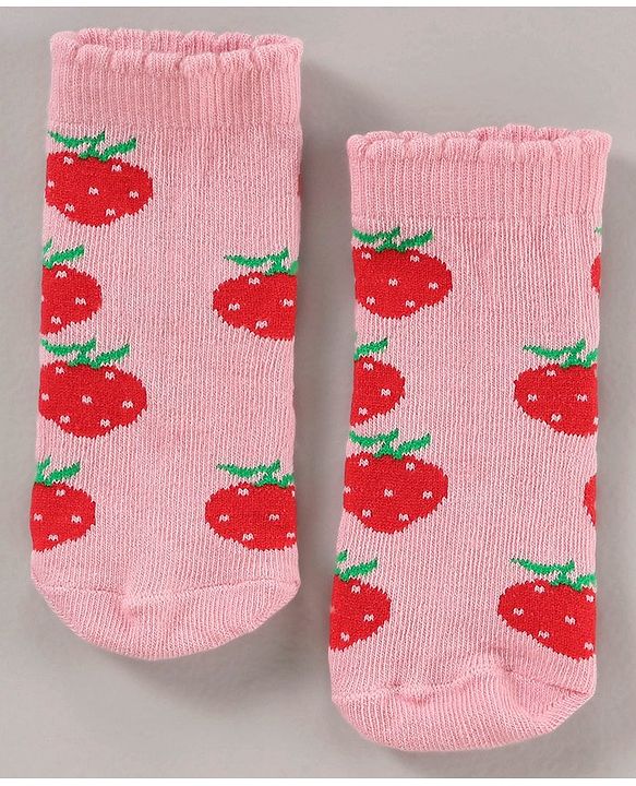 Cute Walk by Babyhug Cotton Blend Ankle Length Anti Bacterial Socks Strawberry Design Pack of 3 - Red Pink