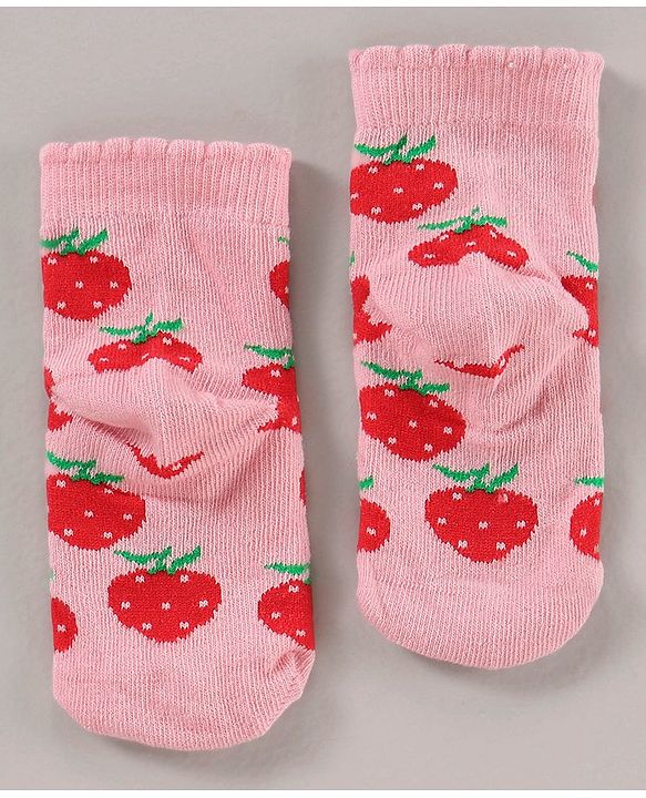 Cute Walk by Babyhug Cotton Blend Ankle Length Anti Bacterial Socks Strawberry Design Pack of 3 - Red Pink