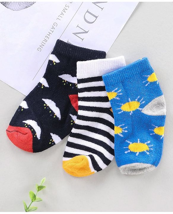 Cute Walk by Babyhug Ankle Length Anti Bacterial Socks Sun Design Pack of 3 - Blue White
