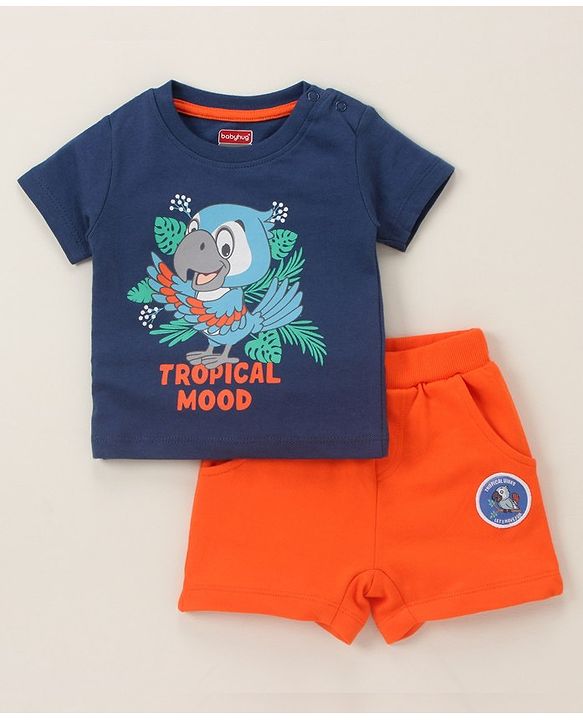 Babyhug Half Sleeves Tee & Shorts Birds - Navy Orange