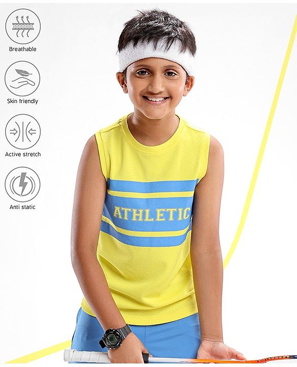 Pine Active Lycra Sleeveless T Shirt HD Text Print - Yellow Blue