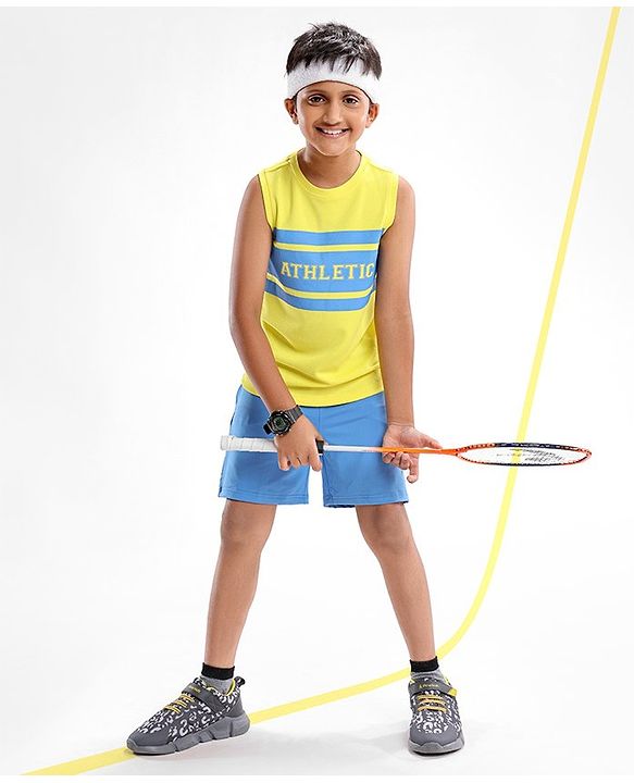 Pine Active Lycra Sleeveless T Shirt HD Text Print - Yellow Blue