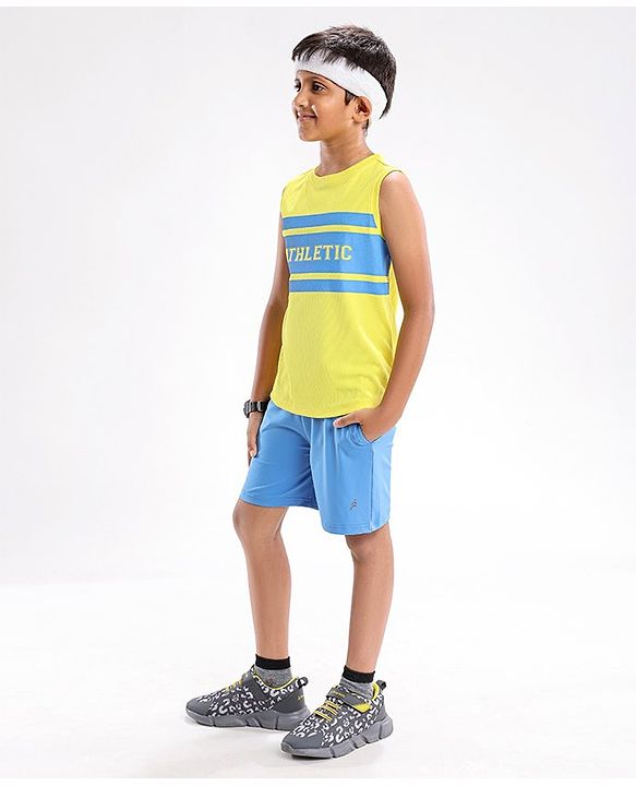 Pine Active Lycra Sleeveless T Shirt HD Text Print - Yellow Blue