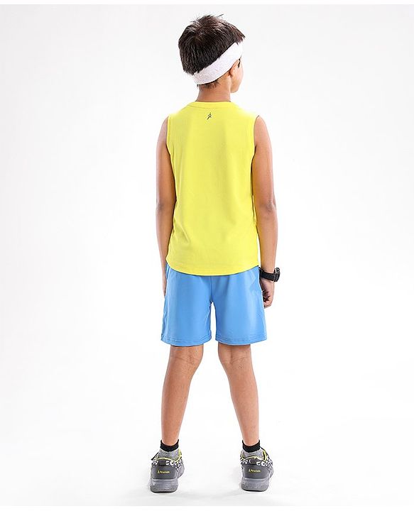 Pine Active Lycra Sleeveless T Shirt HD Text Print - Yellow Blue