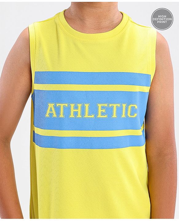 Pine Active Lycra Sleeveless T Shirt HD Text Print - Yellow Blue