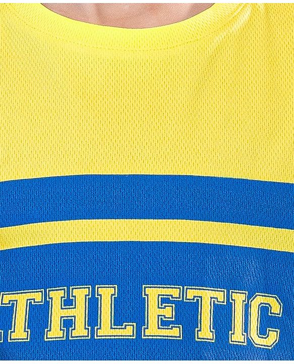 Pine Active Lycra Sleeveless T Shirt HD Text Print - Yellow Blue