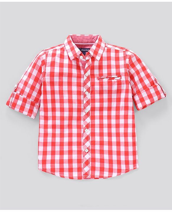 Pine Kids Full Sleeves Biowash Checks Shirt - Red