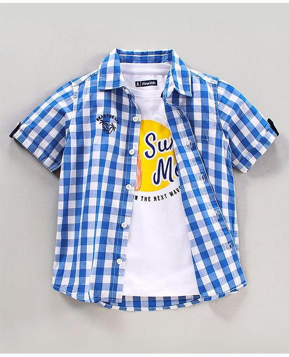 Pine Kids Half Sleeves Checkered Shirt With A T-Shirt- Blue