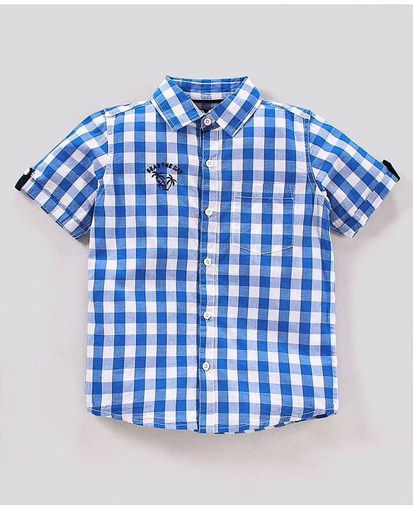 Pine Kids Half Sleeves Checkered Shirt With A T-Shirt- Blue