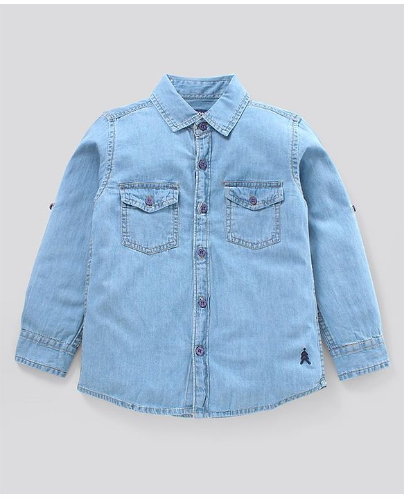Pine Kids Full Sleeves Denim Shirt Solid Print - Indigo Blue