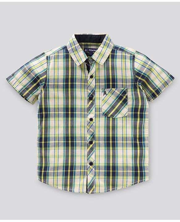 Pine Kids Half Sleeves Checks Shirts - Green & White